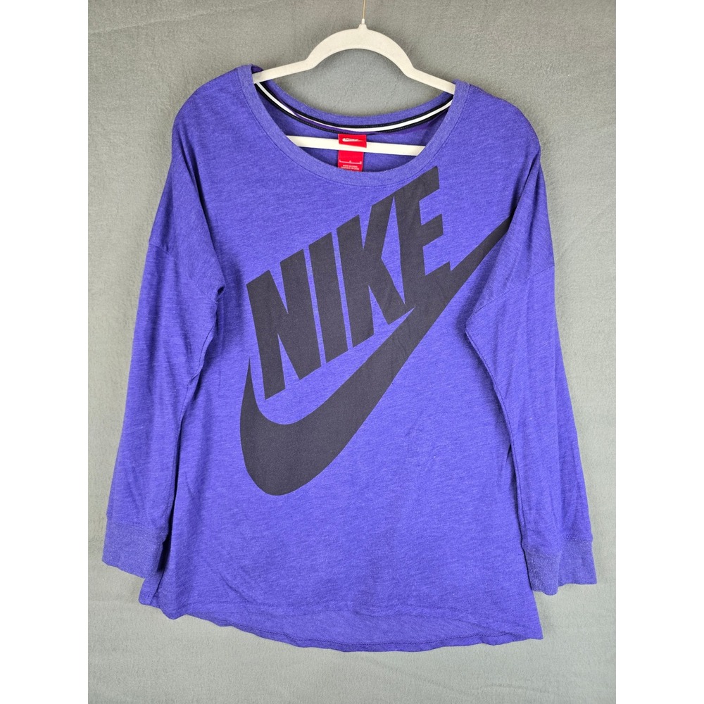 Nike T-Shirt Women Large Purple Long Sleeve Big Logo Relaxed Fit Athleisure
